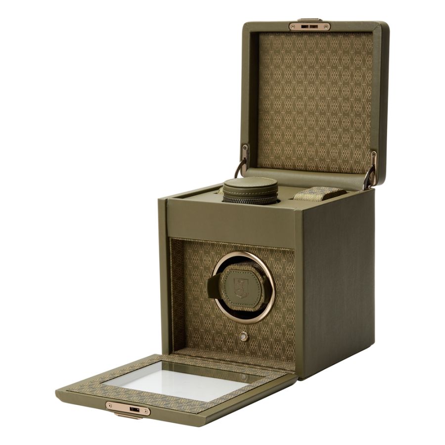 Open View Of Wolf Earth Single Watch Winder Green Leather.