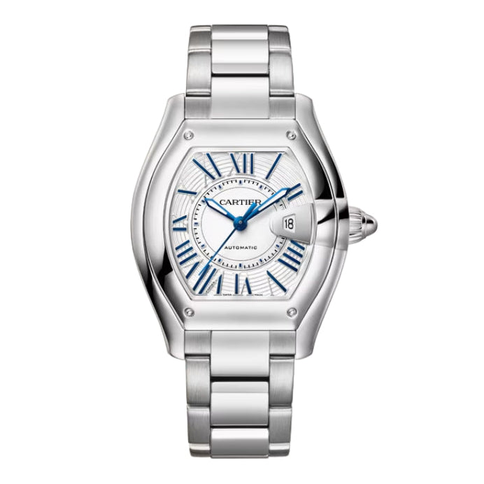 Front View Of Cartier Roadster Steel Watch With Steel Bracelet.
