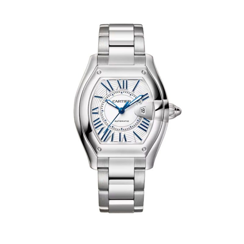 Front View Of Cartier Roadster Steel Watch With Steel Bracelet.