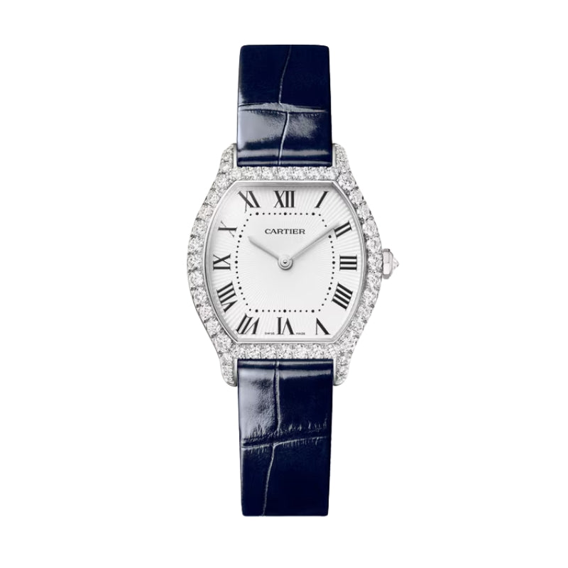 Front view of luxury cartier watch with blue straps