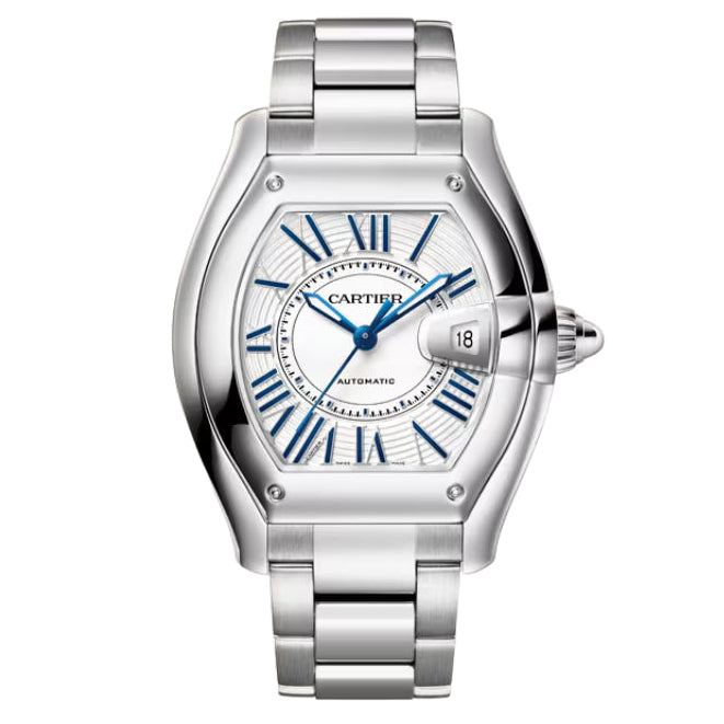 Front View Of Cartier Roadster Steel Watch With Steel Bracelet.