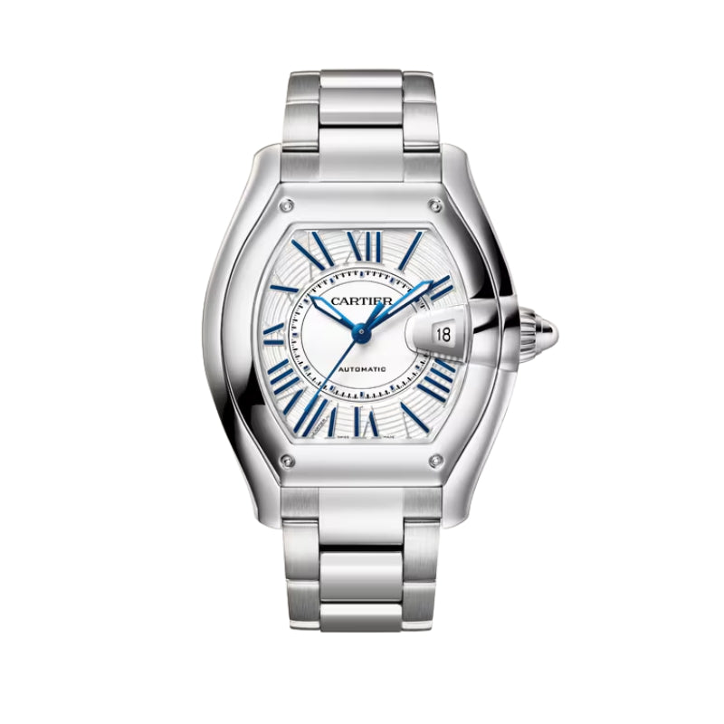 Front View Of Cartier Roadster Steel Watch With Steel Bracelet.