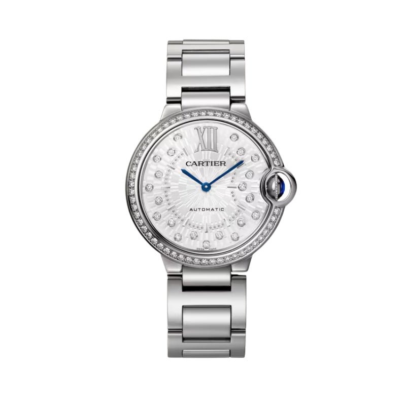 Front view of silver watch with diamond bezel.