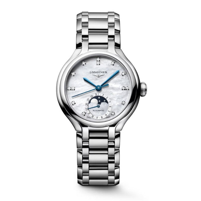 Front View Of Longines Primaluna Moonhase 34mm.