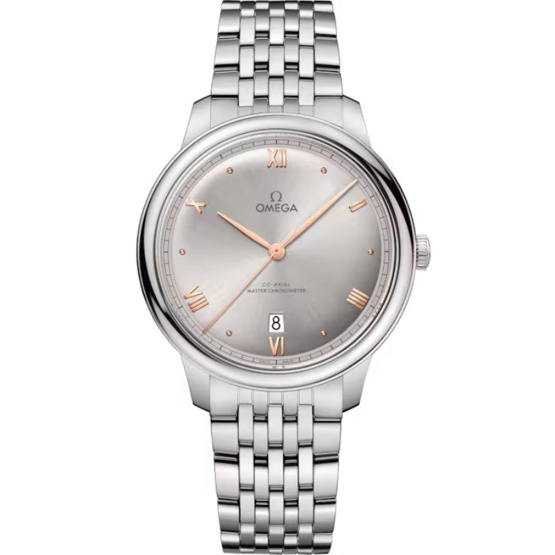 Front View Of Omega De Ville Prestige 40 mm, steel on steel.