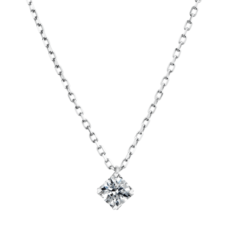 Close Up View Qeelin Wulu Crown solitaire necklace in 18K white gold set.