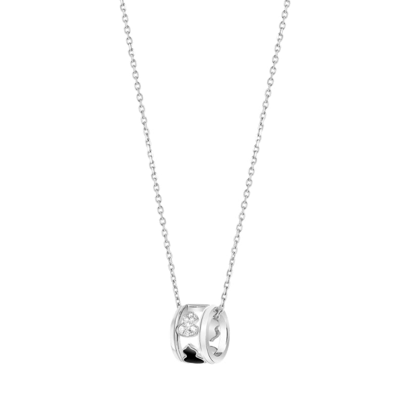 Close up view of Qeelin Wulu Eternity large necklace in 18K white gold and black .