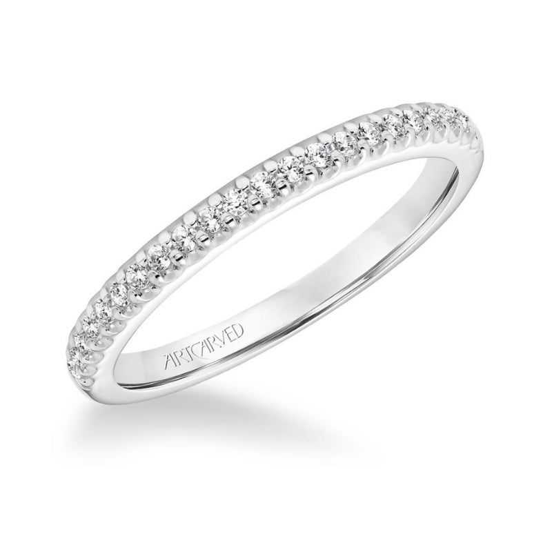 Side Tilted View Of Classic Halo Diamond Wedding Band.