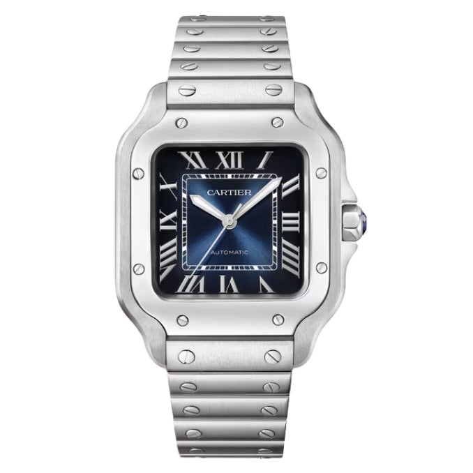 Front view of Cartier Santos watch on bracelet.