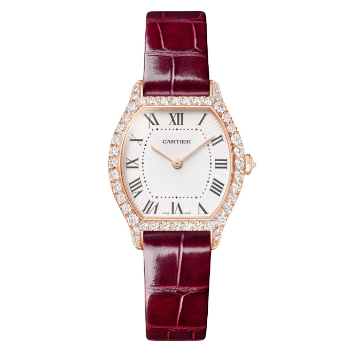 Front View of Cartier Tortue watch with rose gold diamond bezel.