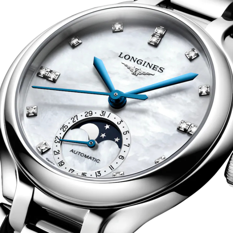 Front Side Close View Of Longines Primaluna Moonhase 34mm.