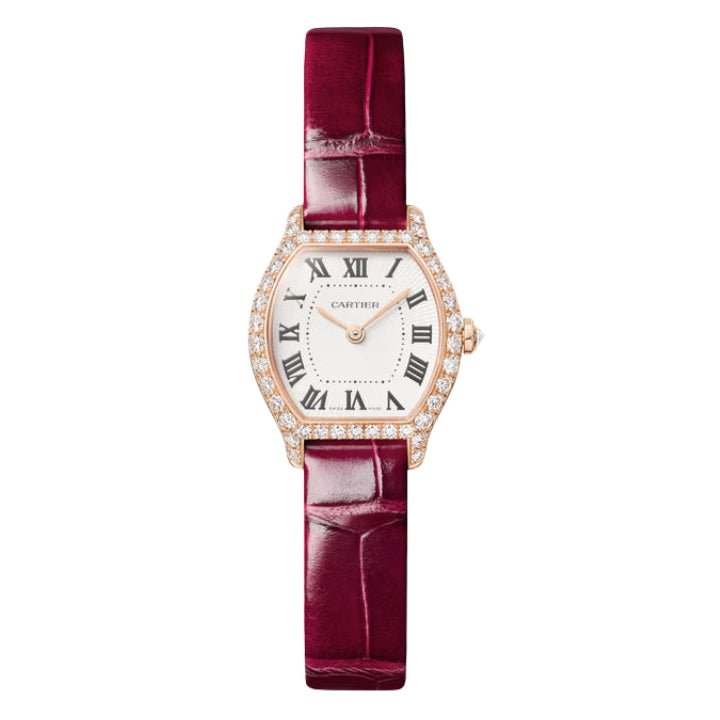 Front view of Tortue Cartier watch with rose gold diamond bezel.