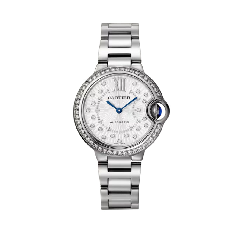 Front view of silver Cartier watch with diamonds.