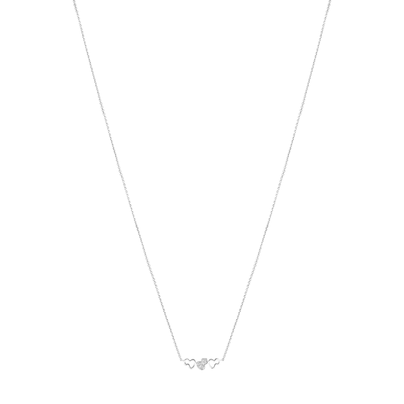 Close Up View Qeelin Wulu petite necklace in 18K white gold set with diamonds.