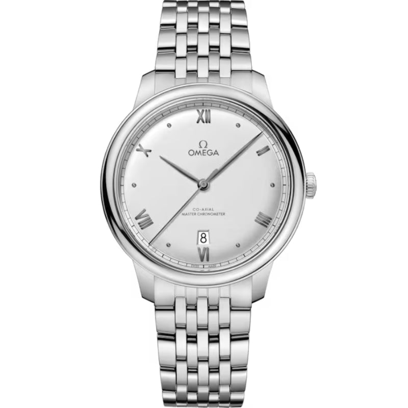 Front View Of Omega De Ville Prestige 40 mm, steel on steel.