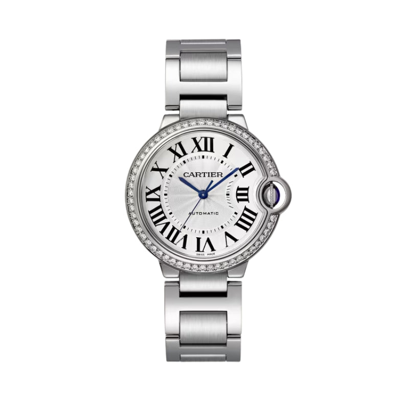Front view of silver watch with diamond bezel.
