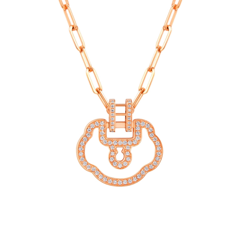 View Of Qeelin Yu Yi grande necklace in 18K rose gold set with diamonds.