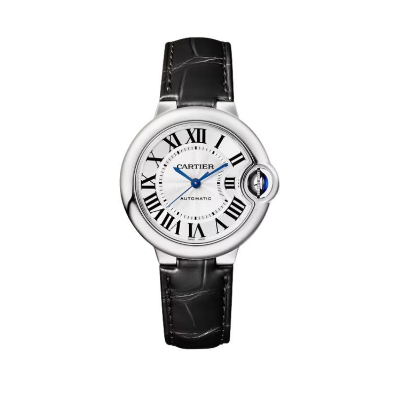 Front view of Cartier watch with leather strap.