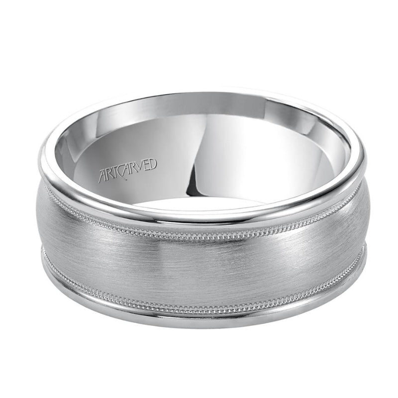 Front View Of Dome Round Edge Carved Wedding Band.