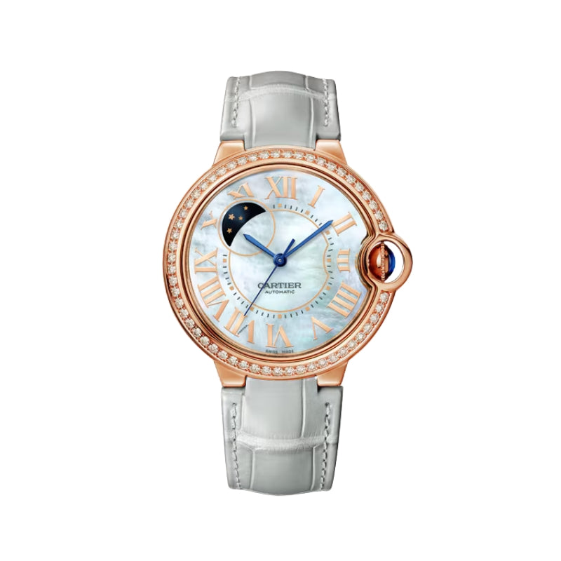 Front view of Cartier watch with diamond bezel.