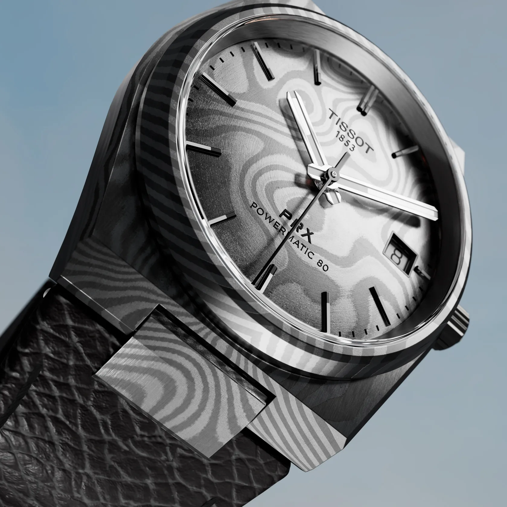 Tissot PRX Damascus Steel 38mm dial angle 2