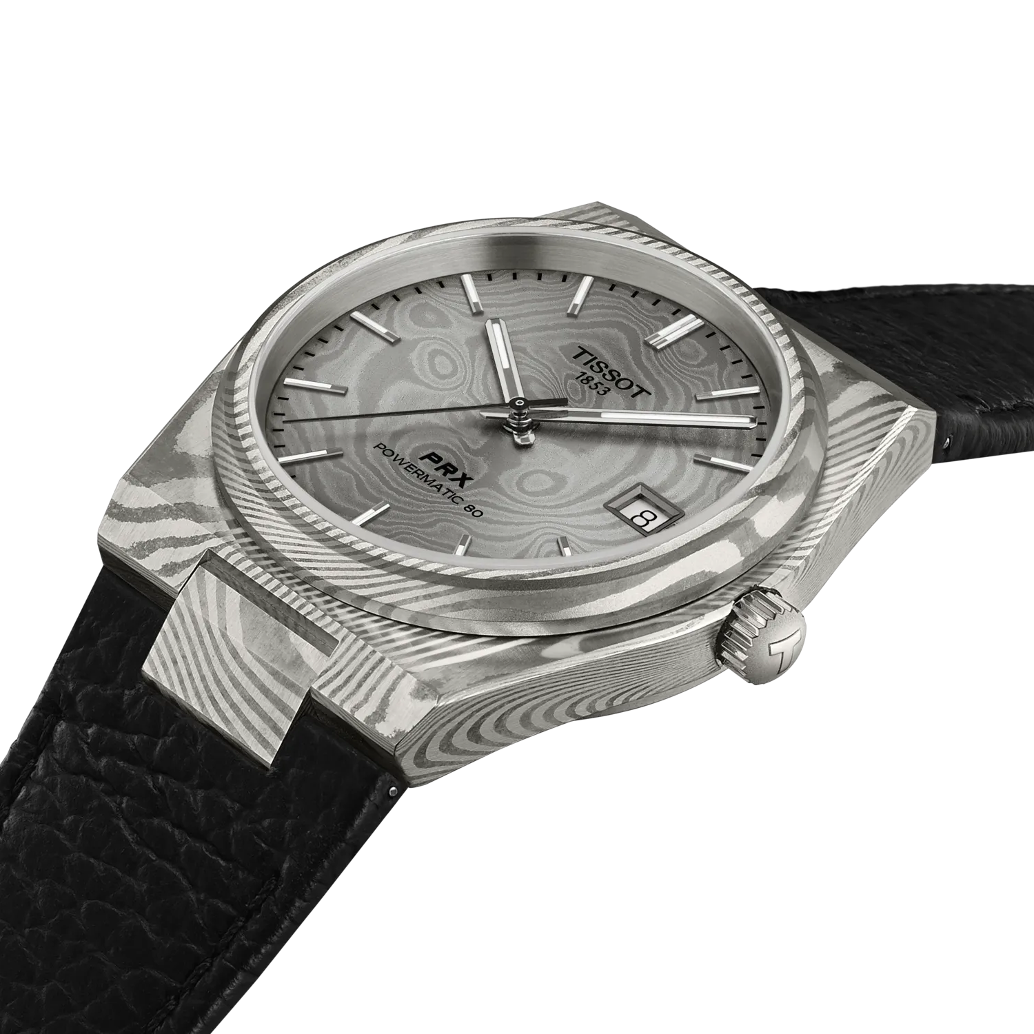 Tissot PRX Damascus Steel 38mm dial angled
