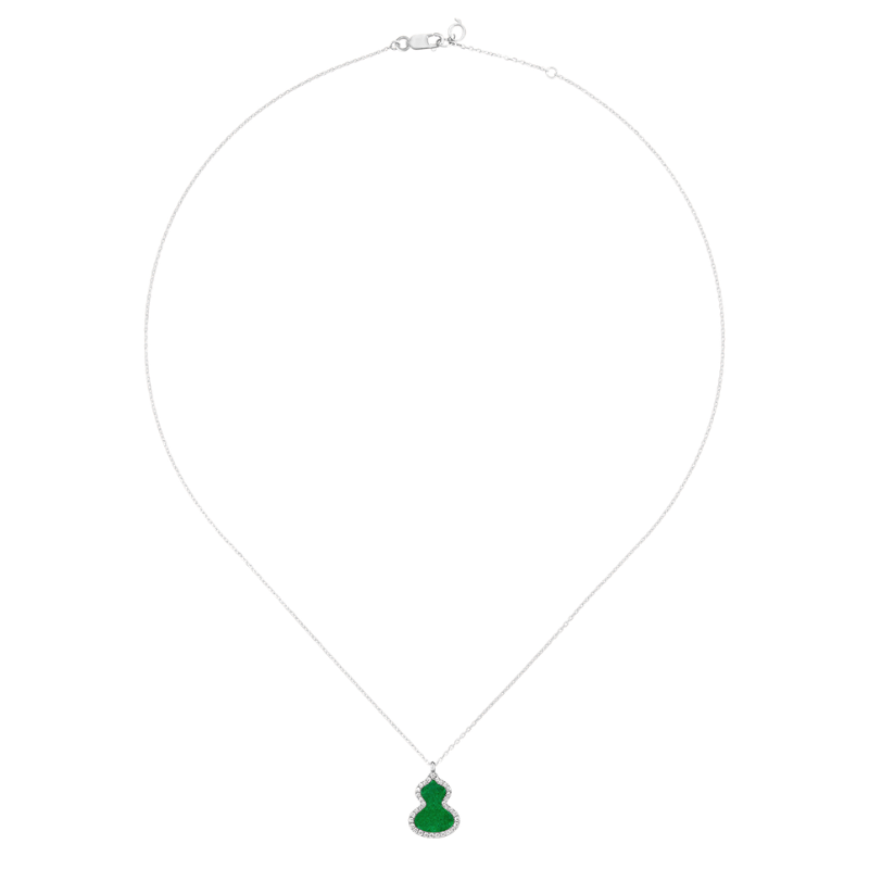 Full View Qeelin Wulu small necklace in 18K white gold set with jade and diamonds.