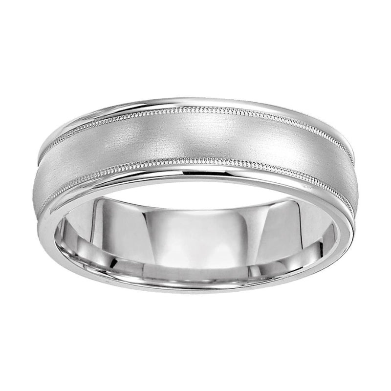 Tilted View Of Dome Round Edge Carved Wedding Band.