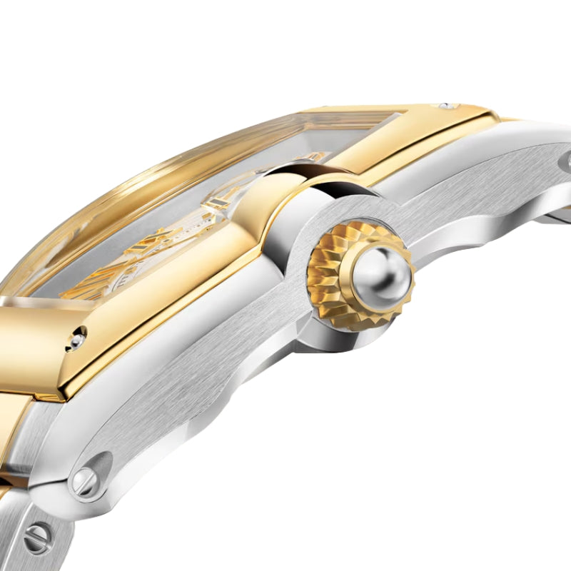 Side View Showing Curved Case Of Cartier Roadster Steel and Gold Watch. 
