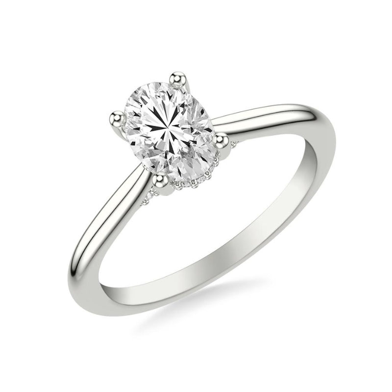 Tilted View Of Oval Classic Solitaire Engagement Ring Diamond Hidden Halo.