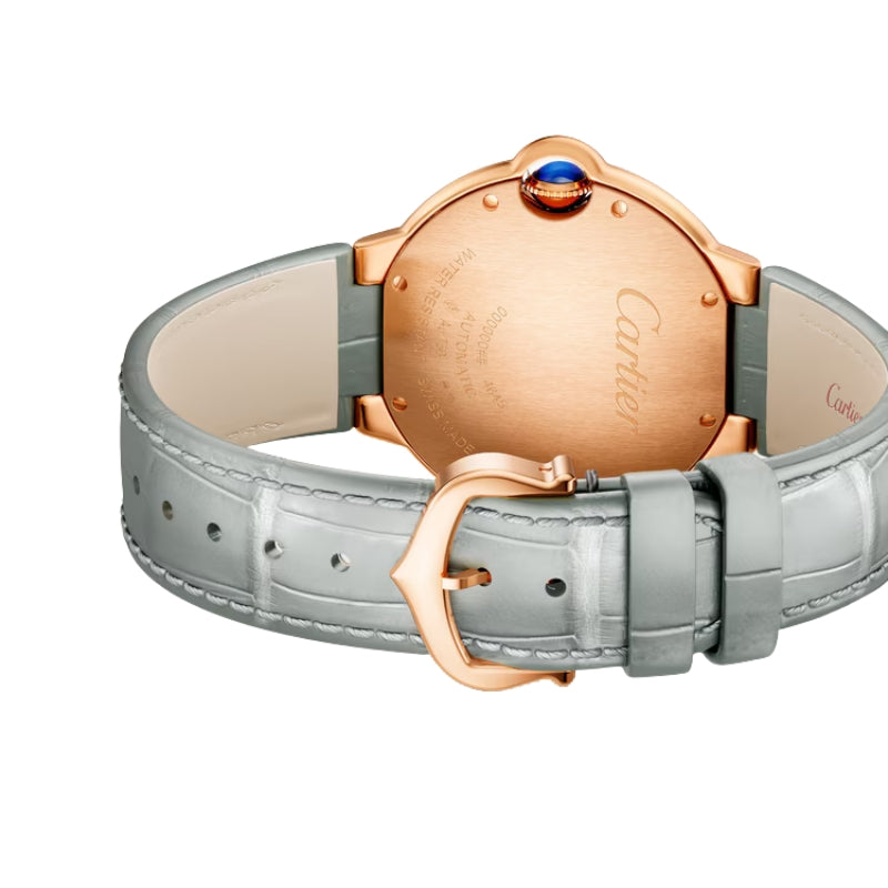 Back of watch showing rose gold metal case.