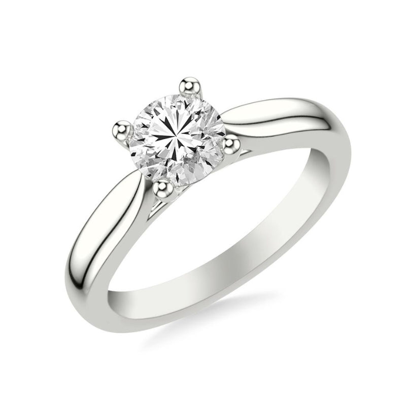 Tilted View Of  Round Classic Solitaire Engagement Ring with Trellis Setting.