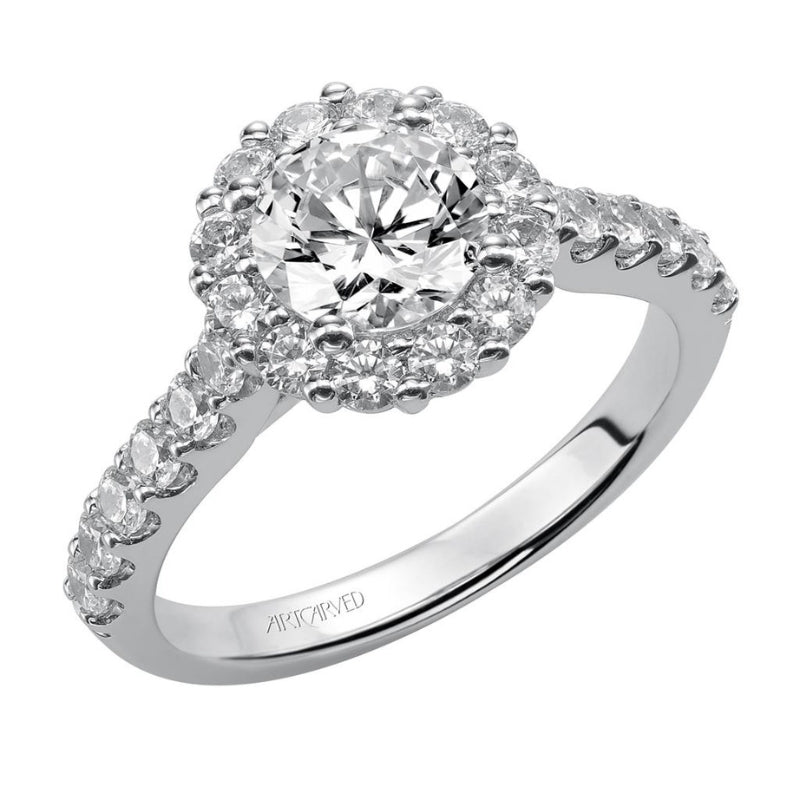 Tilted VIew Of Classic Halo Engagement Ring.