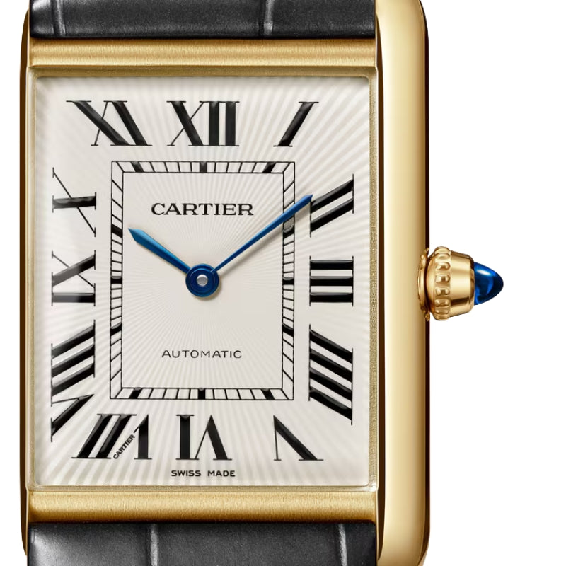 Close-up of Cartier watch face and dial.