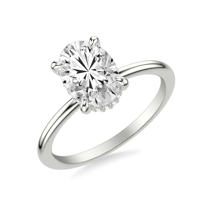 Tilted View Of Oval Classic Solitaire Engagement Ring Diamond Hidden Halo.