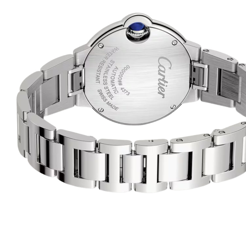 Back view of Cartier watch showing stainless steel.