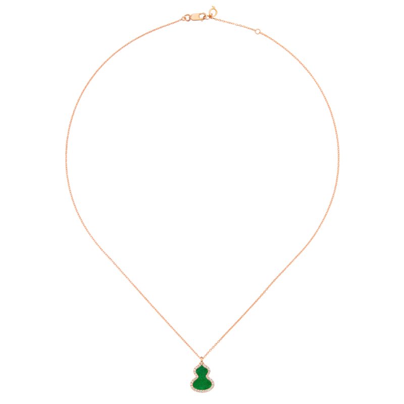 Full View Qeelin Wulu small necklace in 18K rose gold set with jade and diamonds.
