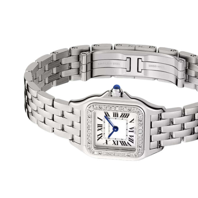 Panthère de Cartier watch with open metal clasp.