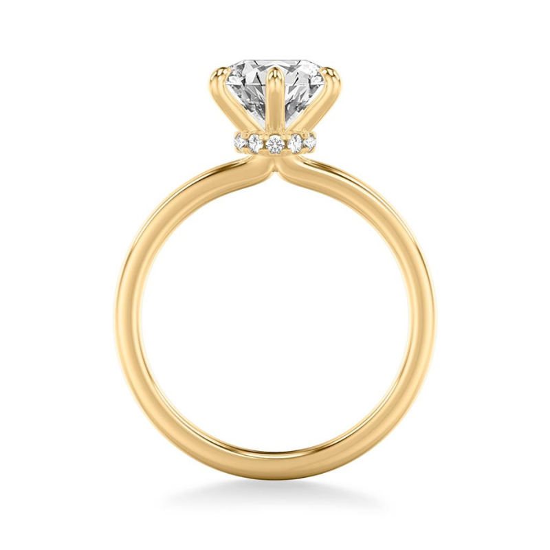 Side View Of Round Classic Six Prong Solitaire Hidden Halo Engagement Ring.