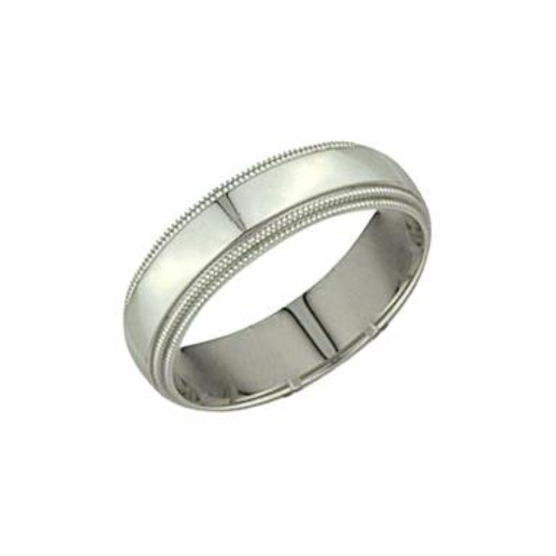 Tilted View Of Low Dome Milgrain Edge Carved Wedding Band.