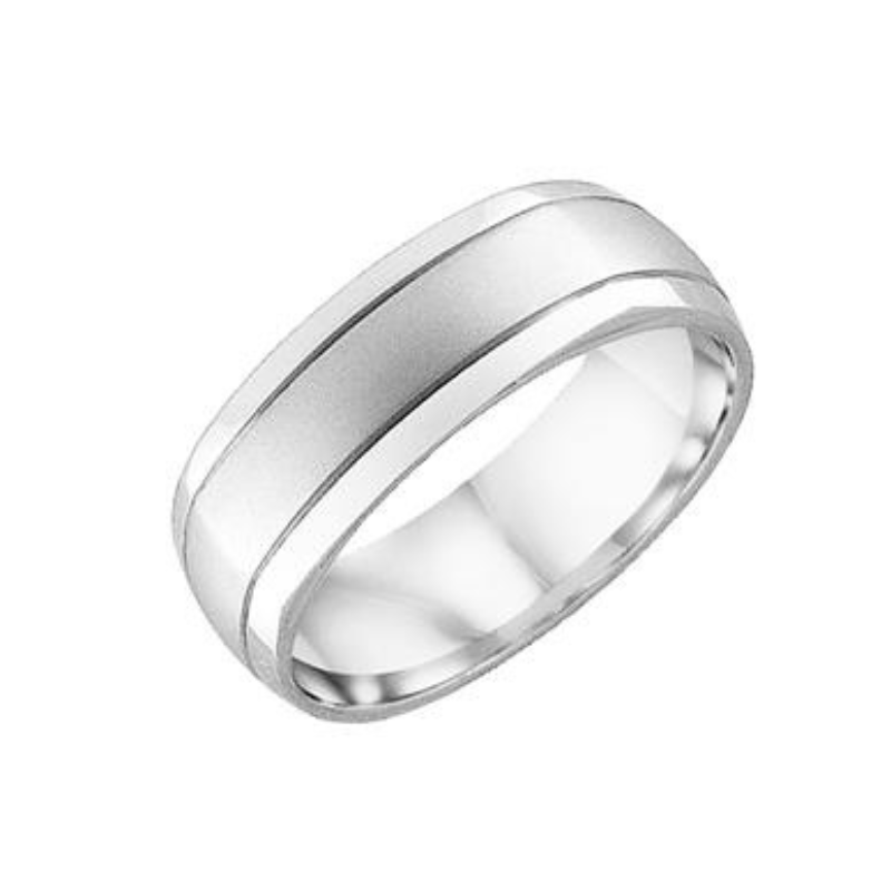 Tilted View Of Square Flat Edge Carved Wedding Band.