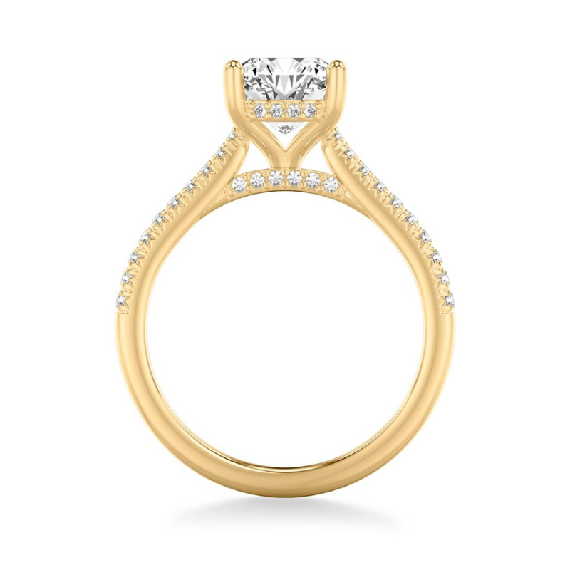 Side View Of Oval Classic Cathedral Setting Engagement Ring with Hidden Halo.