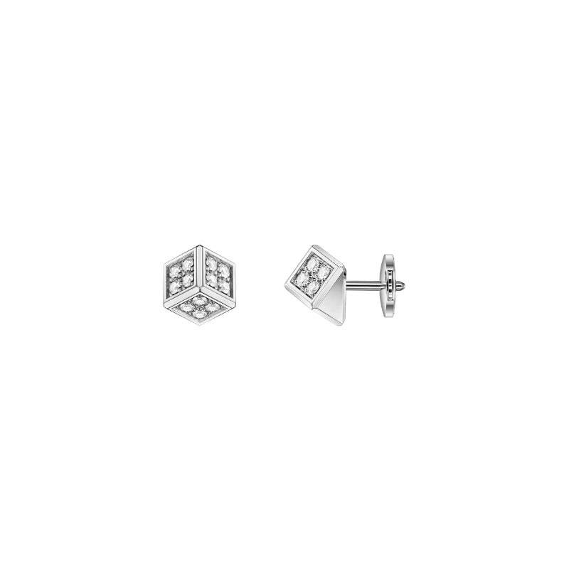Side View Of Chopard Ice Cube Be Cube Earrings, ethical white gold, diamonds.