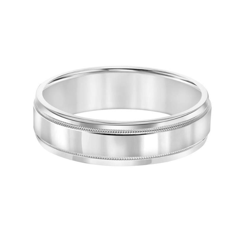 Full View Of Low Dome Roll Edge Carved Wedding Band.