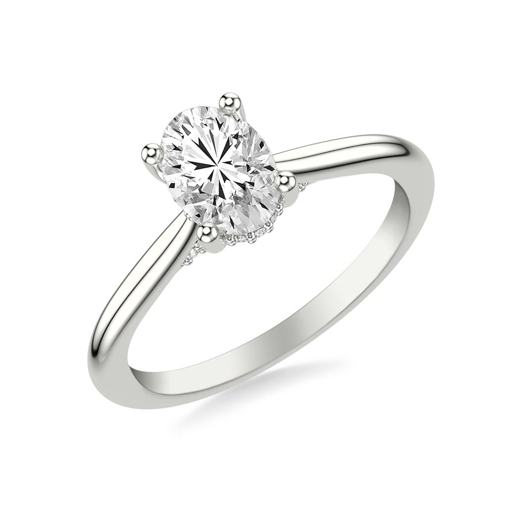 Angle View Oval Diamond Solitaire Engagement Ring with Diamond Accented Basket and Bridge 