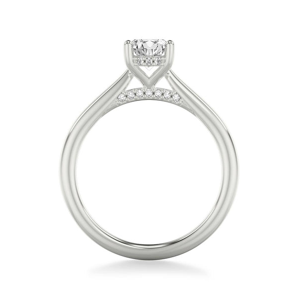 Side View of Oval Diamond Solitaire Engagement Ring with Diamond Accented Basket and Bridge Complete with Center Stone
