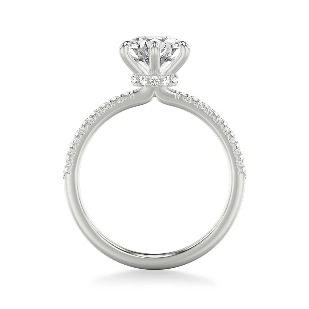 Side View Classic Diamond Six Prong Engagement Ring with Diamond Collar and Round Diamond Shank in White Gold