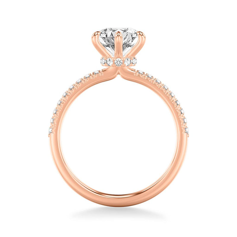 Classic Diamond Six Prong Engagement Ring with Diamond Collar and Round Diamond Shank in Rose Gold