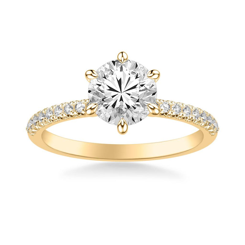 Flat View Classic Diamond Six Prong Engagement Ring with Diamond Collar and Round Diamond Shank in Yellow Gold