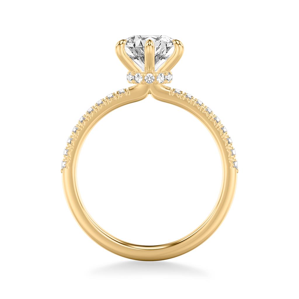 Side View Classic Diamond Six Prong Engagement Ring with Diamond Collar and Round Diamond Shank in Yellow Gold 